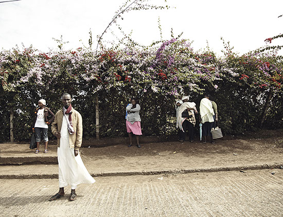 Figures at a bus stop, in front of flowers, in Nairobi, Kenya